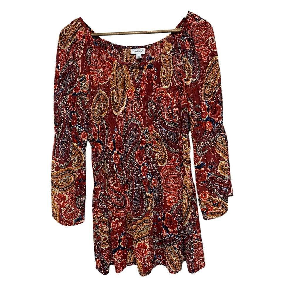 Avenue Blouse Womens 14 16 Red Paisley Flare Sleeve Crinkle Texture Flowy Tunic